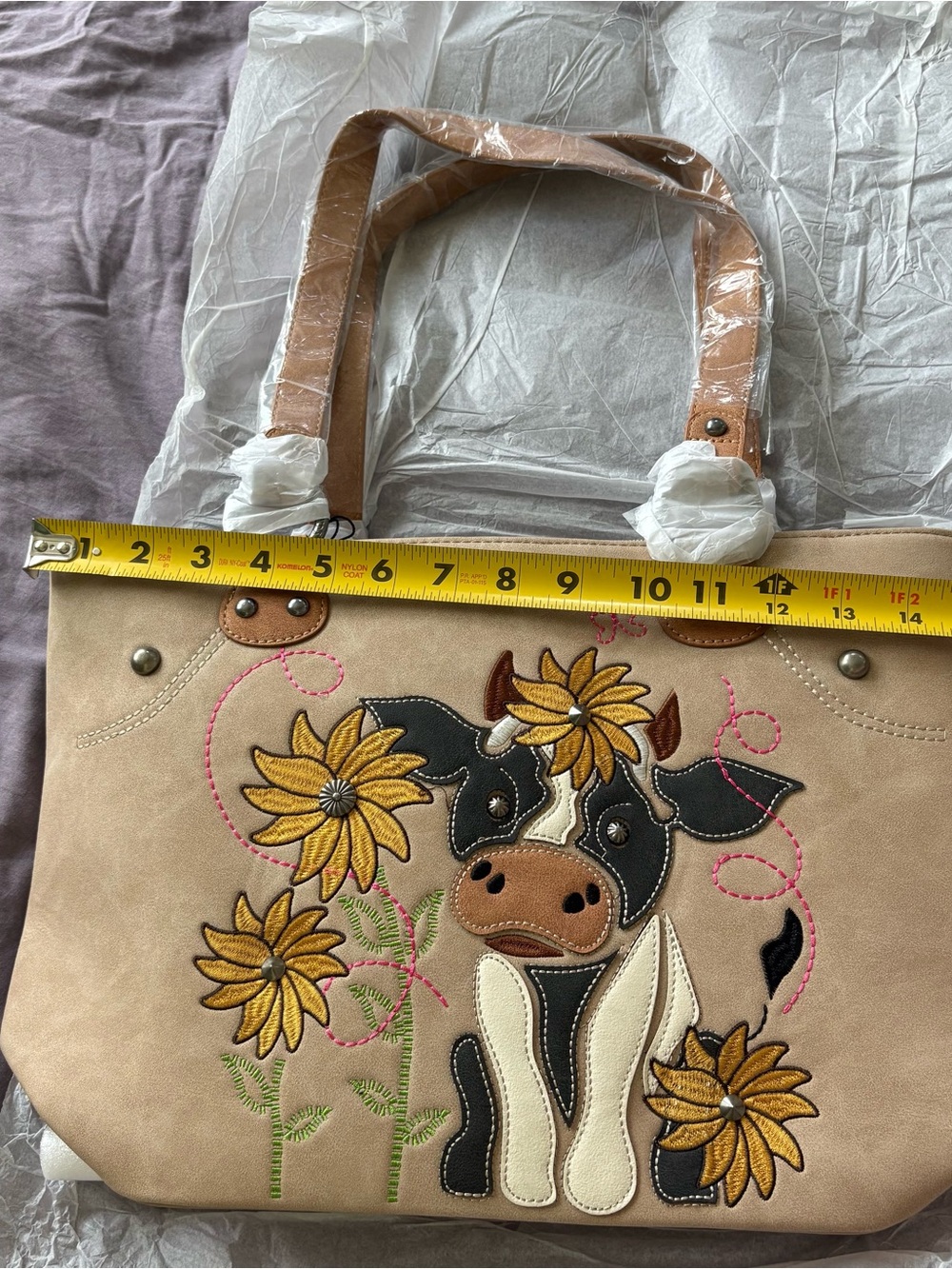 NWT Montana West Tote Purse Cow Embroidered Flower Brown Cream Faux Leather Bag - Picture 12 of 16